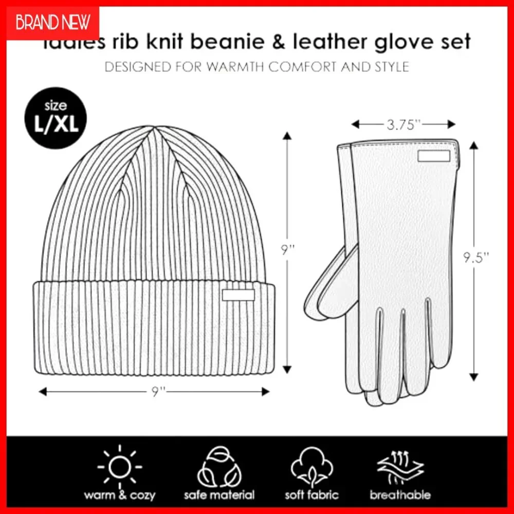 Winter Beanie Hat and Faux Leather Gloves Set for Women, Pack of 2